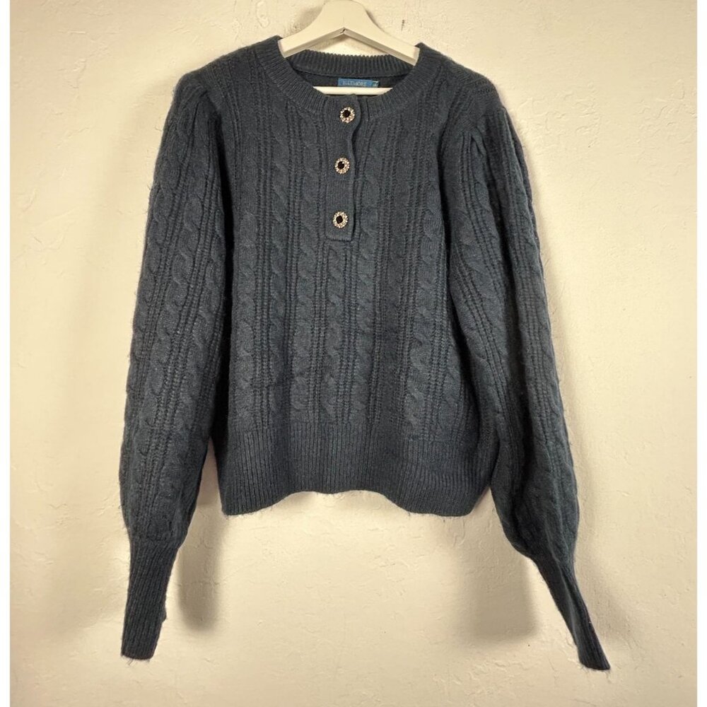 Biltmore Womens Cable Knit Jeweled Neck Henley Pullover Sweater XL Blue New $79